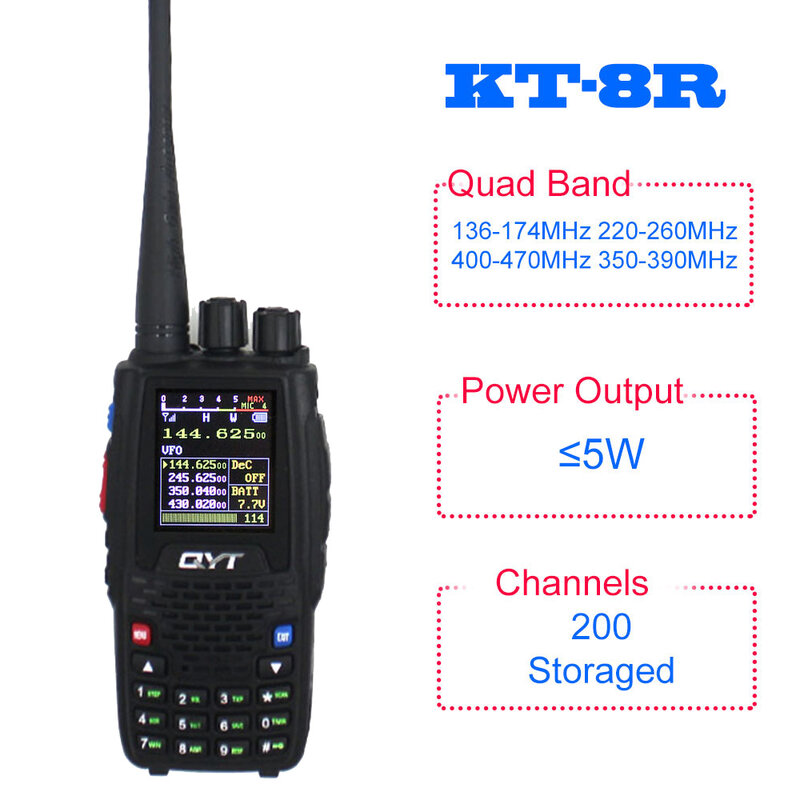 QYT-KT-8R Walkie Talkie, Quad Band, Estação de Rádio Amador Portátil, Interfone KT8R, Tela Colorida, Transceptor FM, 5W, 3200mAh