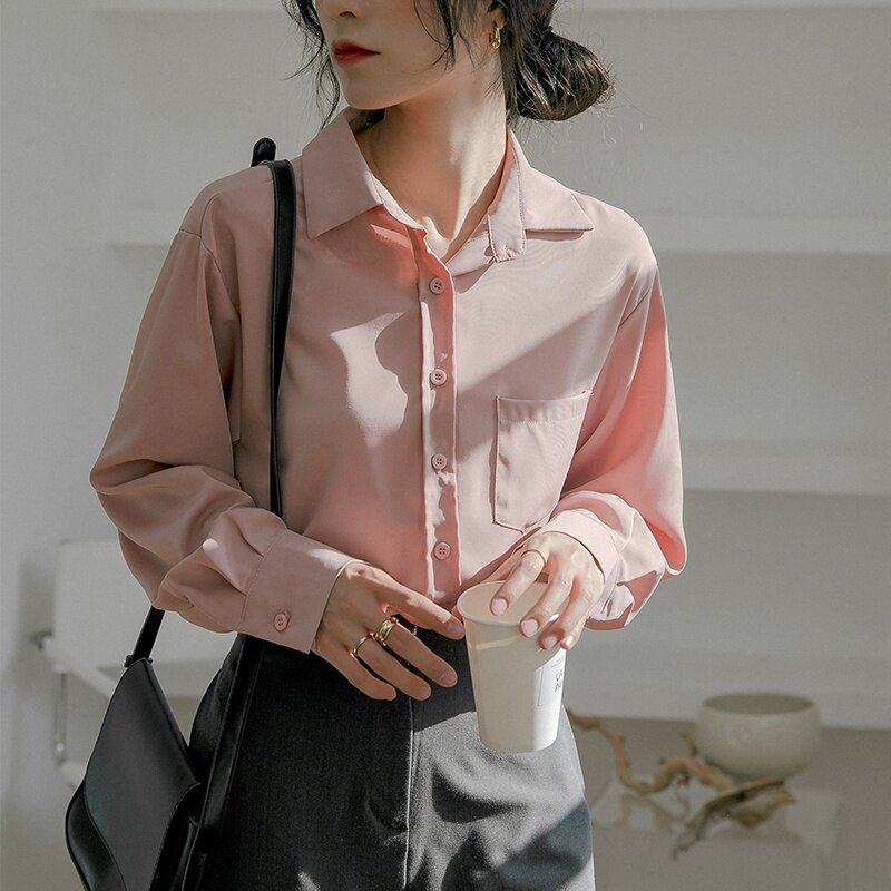 Womens Tops and Blouses 2021 Spring Long Sleeve Shirt Top Women OL Pocket Solid Color Shirt Blusas
