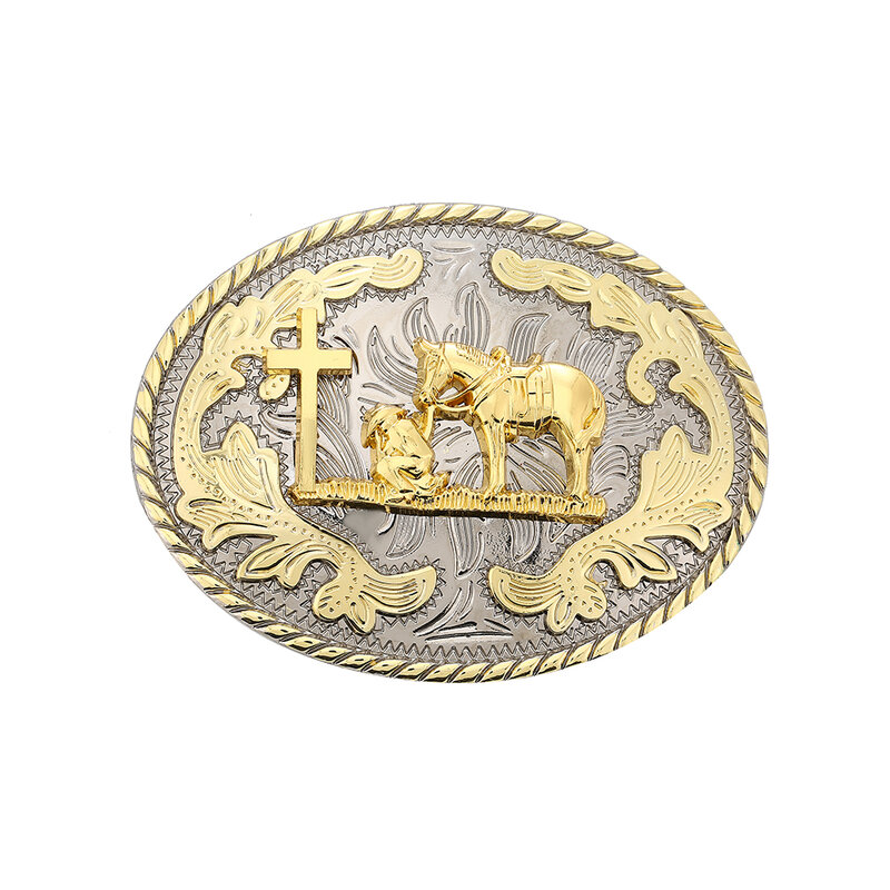 Hebilla de cinturón de vaquero occidental para hombre, hebilla de cinturón de oro con forma ovalada, caballo cruzado, oración, aleación de zinc, ancho de 4,0 cm