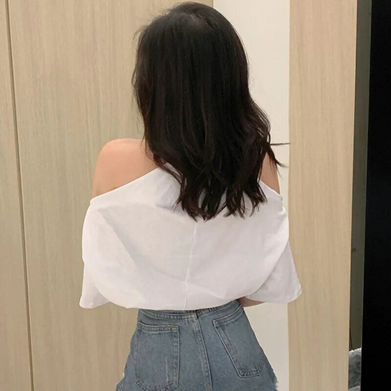 Blusa feminina lisa gargantilha manga três quartos, camisa feminina branca ou preta sexy ombro de fora
