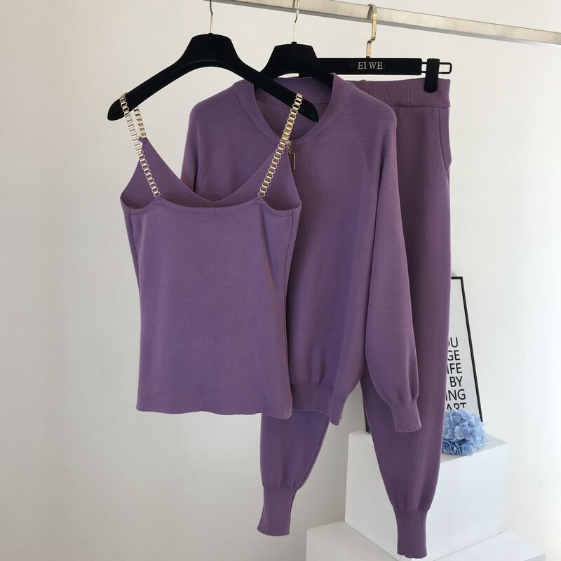 Ensemble 3 pièces tricoté pour femmes, veste cardigan à fermeture éclair, pantalon crayon, camisole assortis, violet, noir, kaki