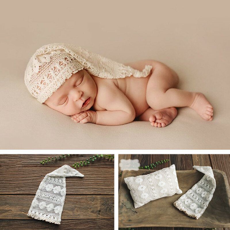 Akcesoria fotograficzne dla dzieci beżowy Hollow Lace Nightcap zestaw poduszek noworodka rekwizyty chłopiec dziewczyna sesja zdjęciowa pałąk bez elastyczności kapelusz