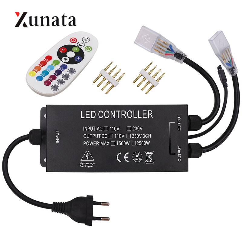 AC 110V 220V 24Keys RGB LED Strip IR Controller with Romte 10MM PCB Double Head Output 2500W RGB Controller EU/US/AU/UK Plug