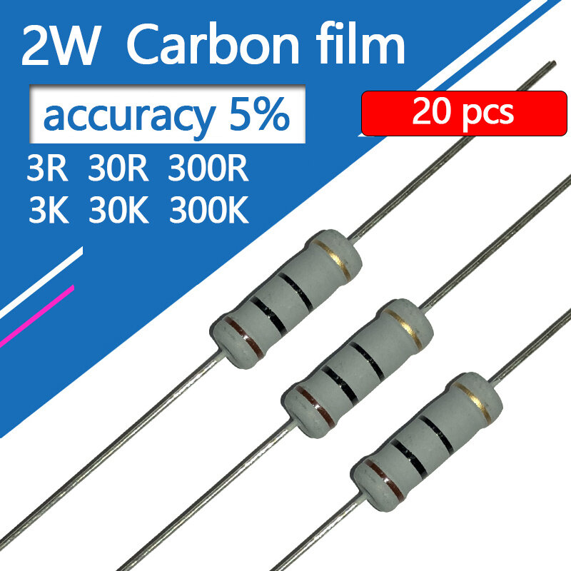 Resistor do filme do carbono, 2W, 5%, 0.3R, 3R, 30R, 300R, 3K, 30K, 300K, 0,3, 3, 30, 300 R, R, K ohm, PCes 20