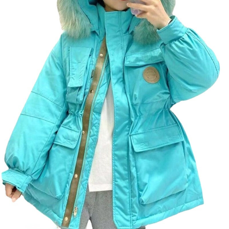 Nova gola com capuz gola de pele para baixo jaqueta estilo coreano elegante jaqueta à prova de vento feminino casacos