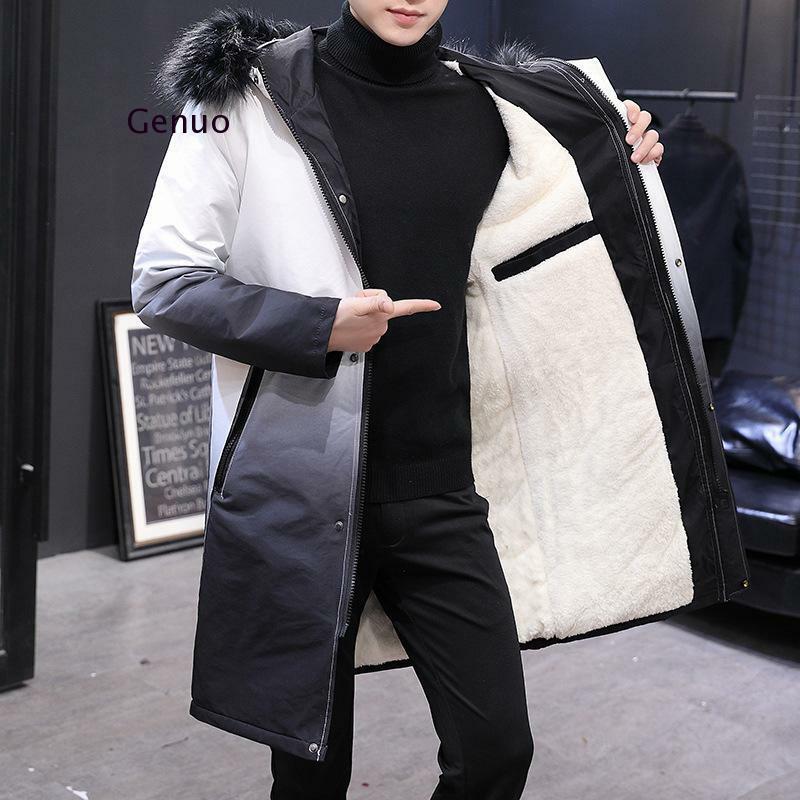 Jaqueta de inverno dos homens gradiente com capuz fino coreano parka hombre casaco longo cashmere blusão parkas jaqueta de algodão