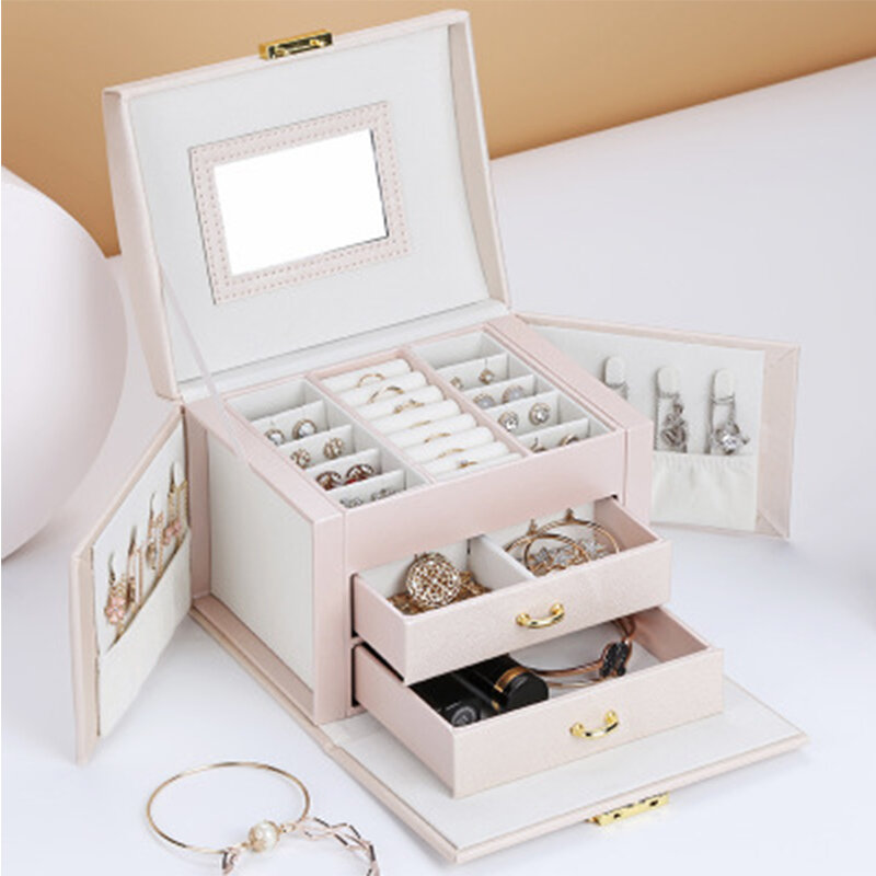 Caixa de couro para joias, alta capacidade, armazenamento, gaveta, tipo caixa de joias, brinco, colar com espelho, organizador de joias
