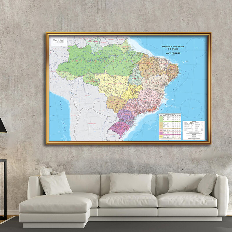 Cartel de lienzo no tejido con mapa de Brasil en portugués, mural de pintura para sala de estar, decoración del hogar, suministros escolares, 225x150 cm
