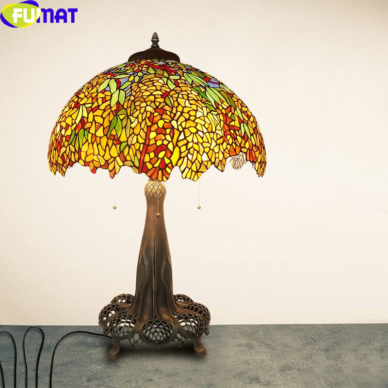 FUMAT Tiffany Table Light Yellow Blue Wisteria Stained Glass Shade Bronze Casted Frame Handcraft Art Decor Hollow Out Desk Lamps