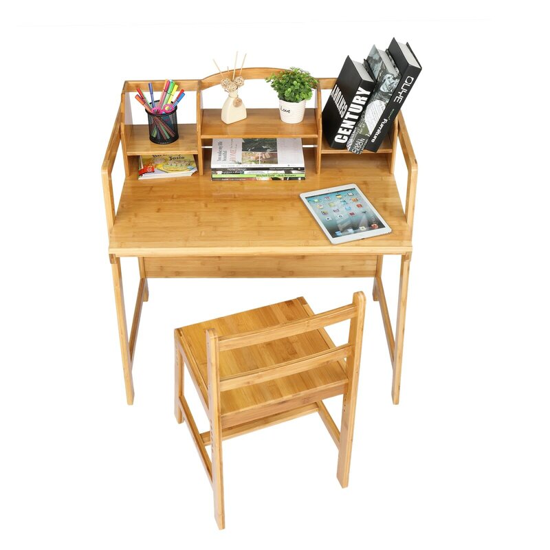 80x50x95CM Study Desk And Chair Nan Bamboo Adjustable Height Student Table Chair Set W/Bookshelf Log Color[US-Stock]