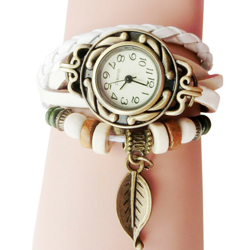 Reloj de pulsera Multicolor de alta calidad para mujer, pulsera de cuero Vintage, reloj de vestir de cuarzo, regalo de hoja
