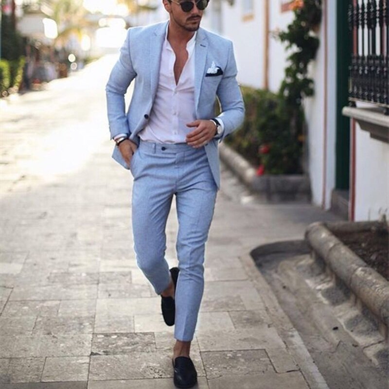 Jas Pria Tuksedo Biru Muda untuk Pernikahan 2 Buah Jas Bisnis Blazer Kerah Runcing Kostum Homme Terno Jas Pesta (Jaket + Celana)