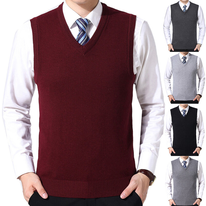 HOT SALES! Men Casual Winter Solid Color V Neck Sleeveless Knitted Woolen Plus Size Vest Knitted Woolen Vest Men Suit Vest