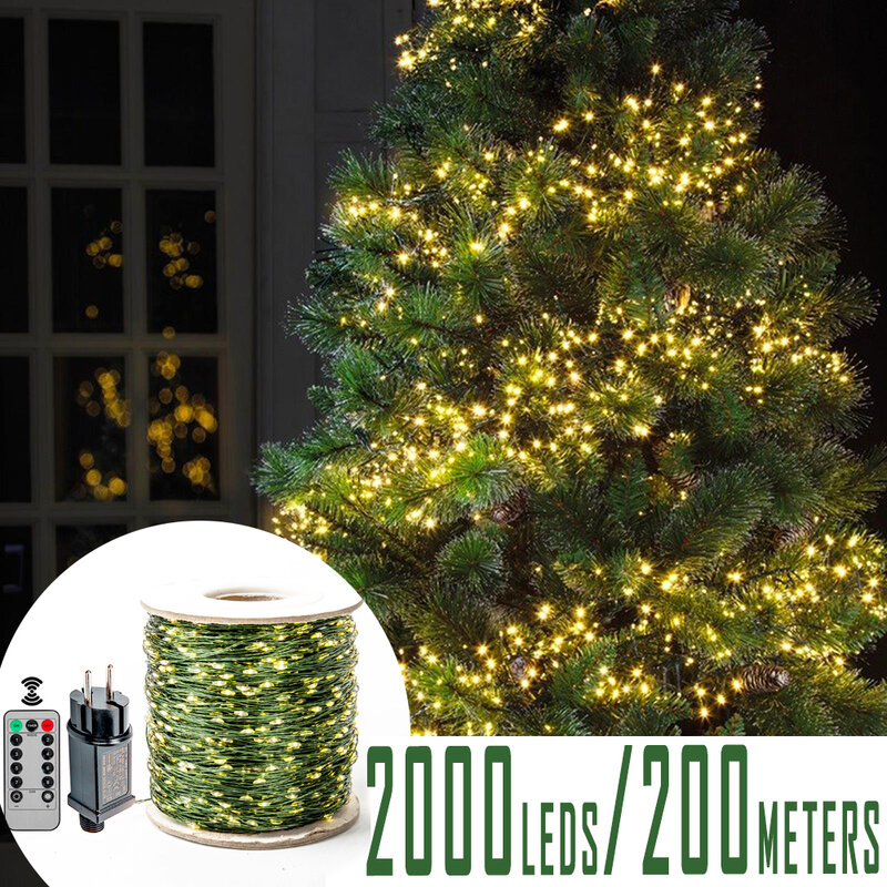 Guirnalda de luces de hadas de alambre verde, 200M, 8 modos, lámpara de luciérnaga impermeable, decoración remota para Navidad, Halloween, dormitorio, boda