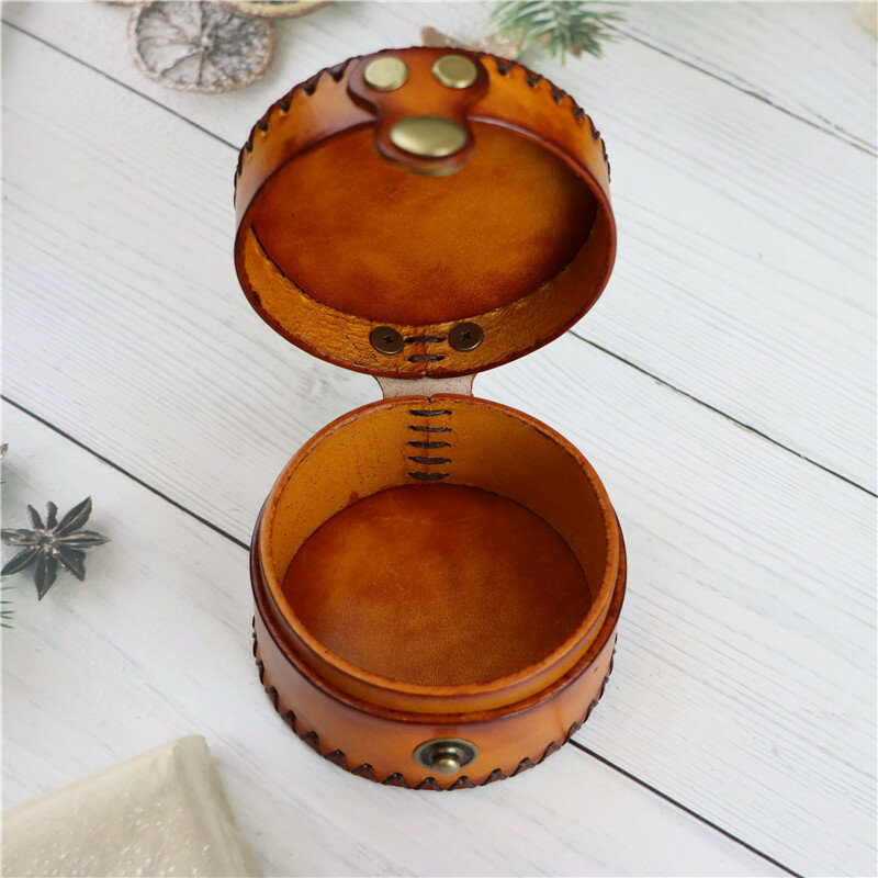 Creative Handmade Leather Round Coin Purse Necklace Bracelet Jewelry Storage Tank Earphone Data Cable Small Object Storage Box