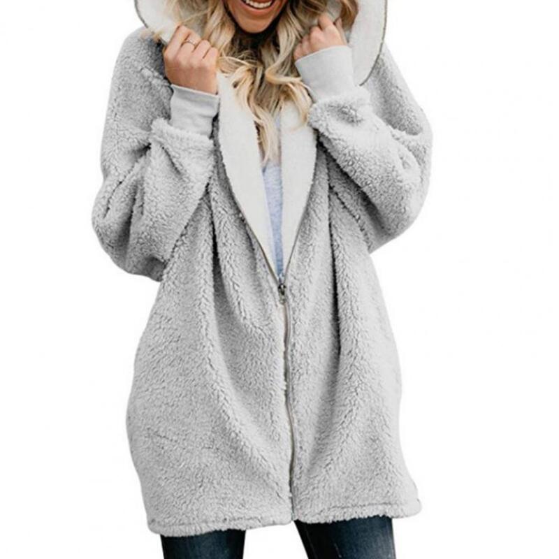 ¡Envío directo! Abrigo de felpa de manga larga con cierre de cremallera para mujer, de longitud media Abrigo con capucha, ropa de abrigo de invierno