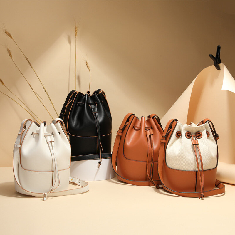 Large Geunine Leather Women Bucket Bags Female Tote Hand Bag Shoulder Bags Anti -theft Drawstring Designer Women's Travel Bags