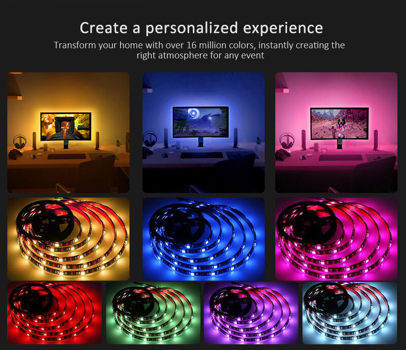 Tira de luces LED de retroiluminación para TV, luces de colores RGB, alimentadas por USB, RGB5050, para televisor de 24-60 pulgadas, espejo, PC, Control por aplicación