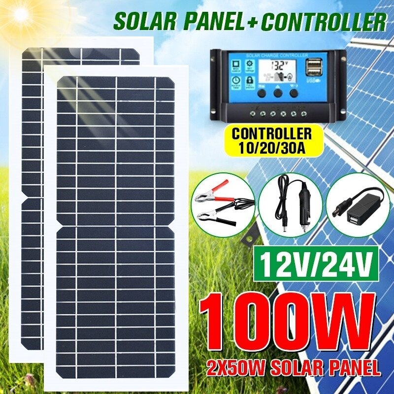 New 100W/50W Solar Panel Flexible With 10-30A 12V 24V Controller Car Charger For RV Car Boat LCD Display PWM Controller