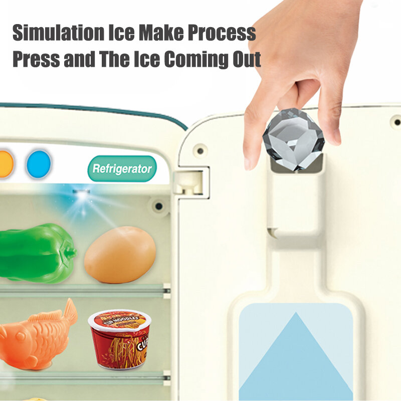 Kids Toy Frigorífico Refrigerador Acessórios com Ice Dispenser, Role Playing Appliance for Kids, Kitchen Set, Food Toys for Girls and Boys