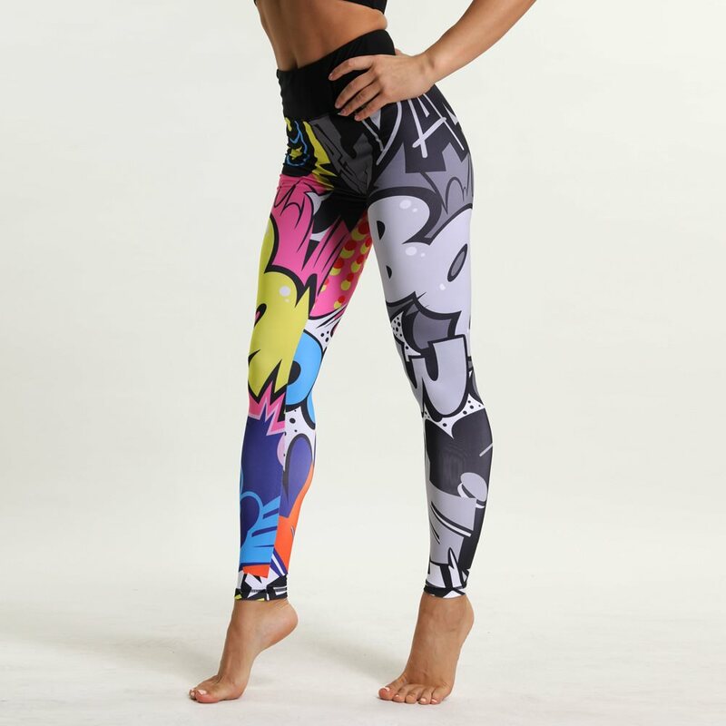 Svokor-leggings com design graffiti para mulheres, leggings de cintura alta com design cartoon, para fitness e ginásio