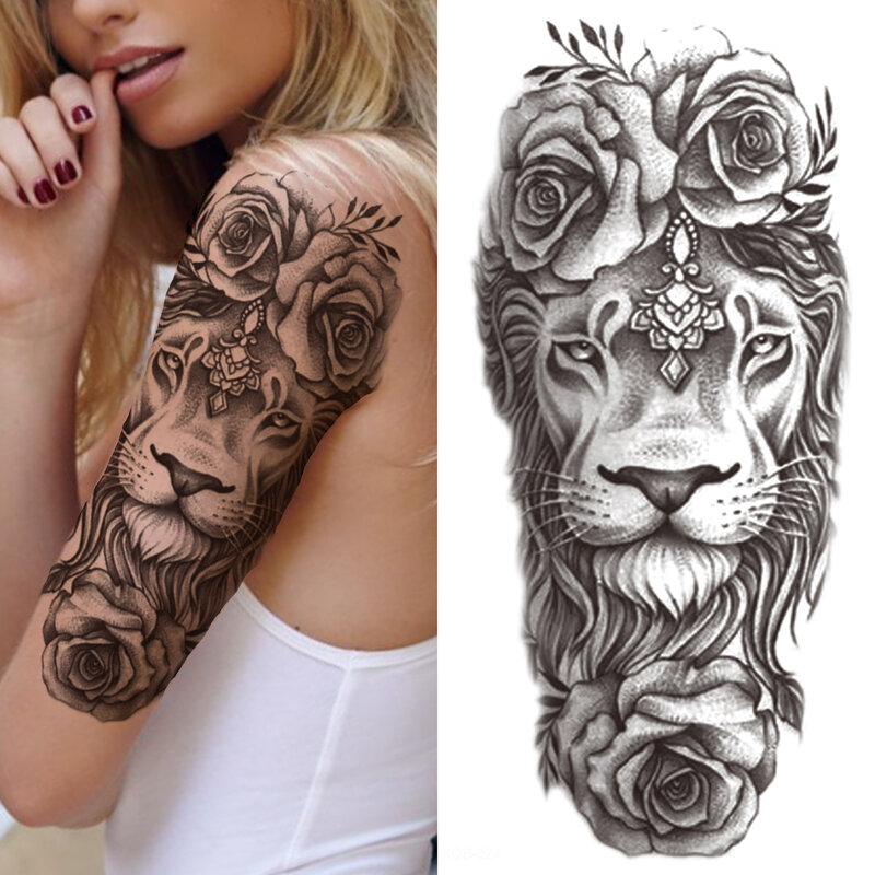 Bussola mezza manica tatuaggi temporanei per donna uomo adulto croce nera tatuaggio adesivo realistico falso leone tatuaggio uccello orologio fiore