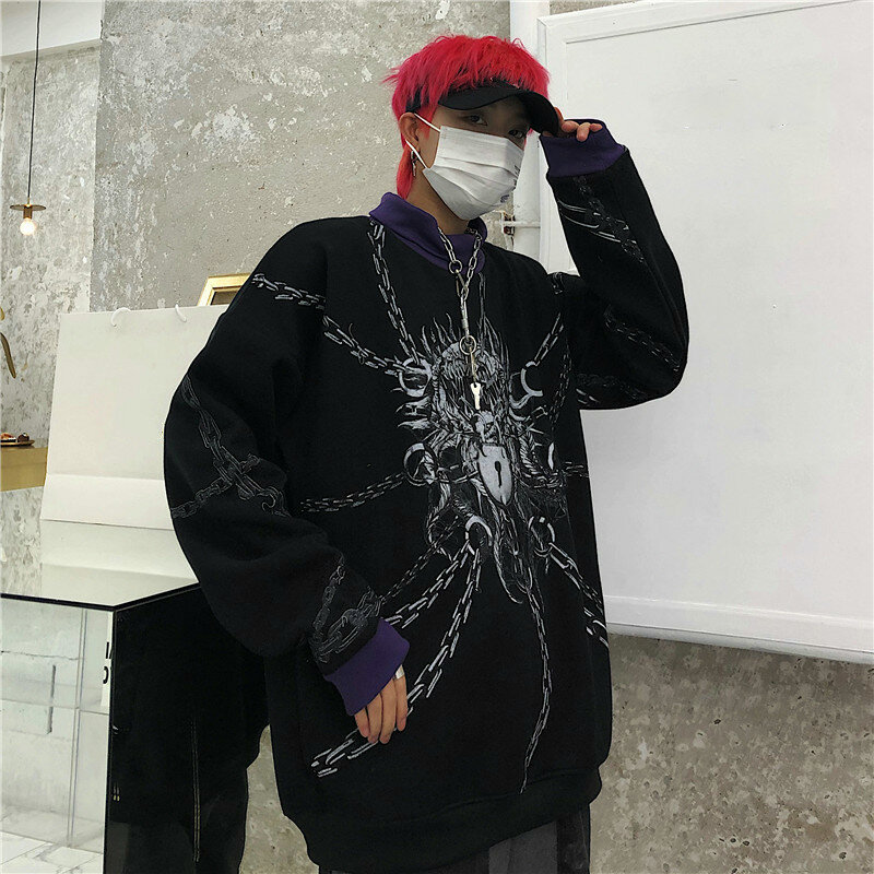 2021ผู้ชายใหม่เสื้อ Sweatshirt ขนาดใหญ่ฤดูหนาวคู่ Pullover Harajuku Black Gothic Hoodie แฟชั่น Patchwork Hoodie