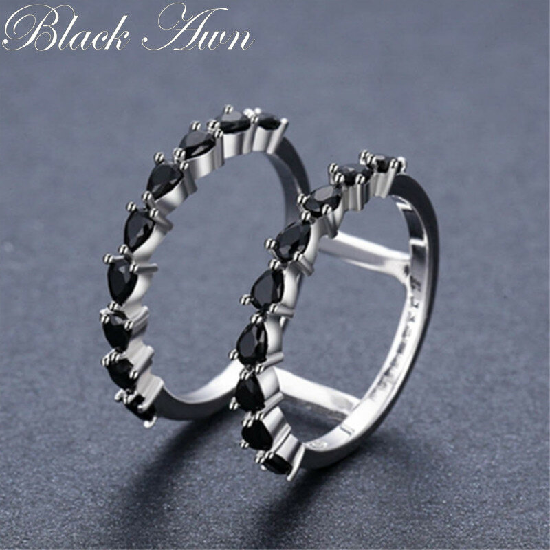 Baru hiperbole 925 perak murni perhiasan halus pertunangan trendi Bague hitam Spinel daun wanita cincin pernikahan Bijoux Femme G002