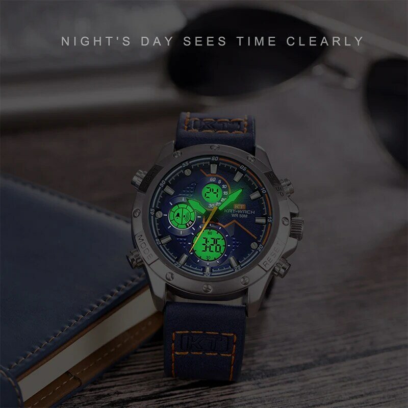 T luksusowa marka kwarcowy ruch męski zegarek wodoodporny wielofunkcyjny wojskowy duży zegarek na rękę PU skórzany pasek moda prezent
