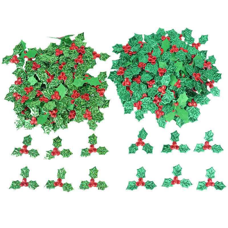 100Pcs Nette Glitter Grün Holly Blatt Und Red Berry Weihnachten Dekoration Tisch Dekoration Stick-auf DIY Kunst Stoff zubehör