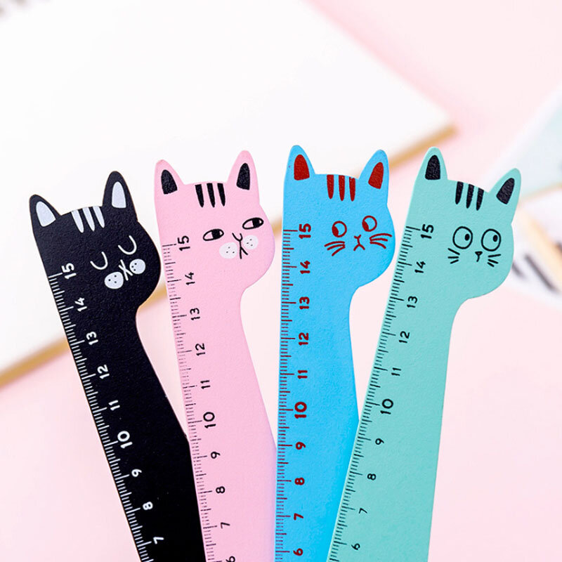 Regla de madera con forma de gato y Animal de dibujos animados, herramienta de medición recta, papelería de regalo, 1 lote