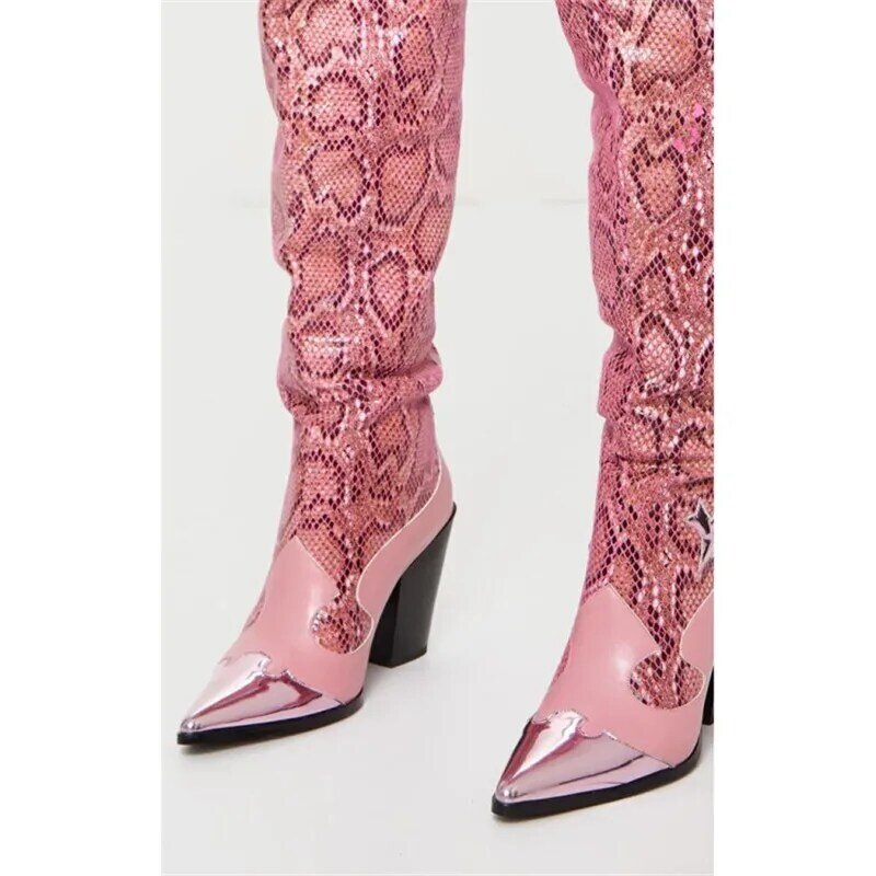 Сапоги женские из микрофибры, с острым носком, со змеиным принтом, на высоком каблуке, розовые, Осень-зима, 2021