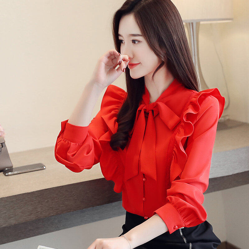 Kobiety jesienna odzież Blusas Mujer De Moda 2021 nowe bluzki z długim rękawem szyfonowe kokarowe falbany kobiece koreańskie modne koszule 5305 50