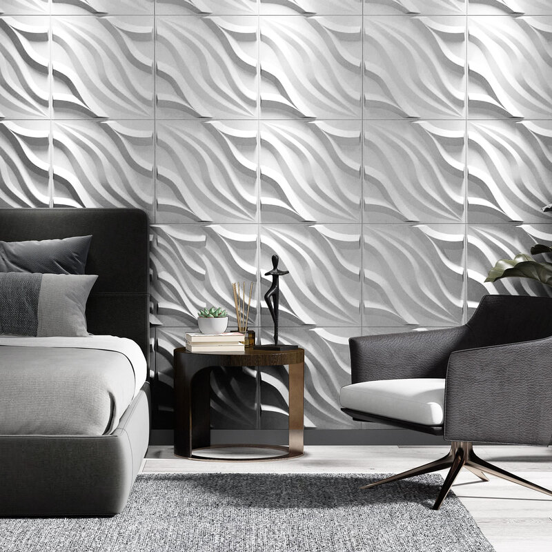 Art3d 50x50cm Plantfiber 3D Wall Tile-Flowing Wave in Primitive White, Paintable for Living Room Bedroom TV Background 12 Tiles