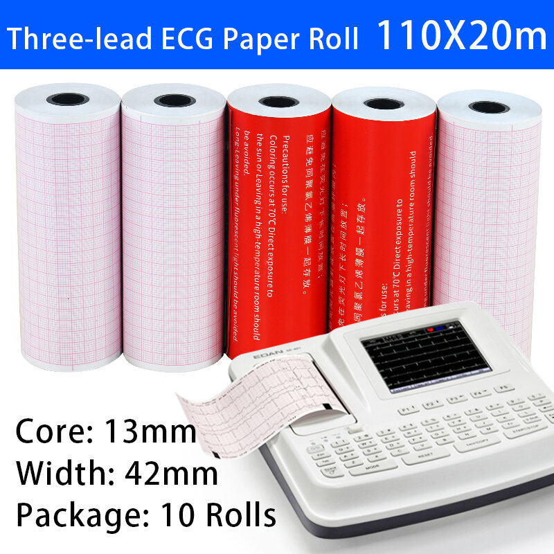 Papel de impresión ECG para uso médico, impresión térmica individual de tres y seis conductores, 80x20m, 50x20m, 63x30m, 112x20m, 10 rollos por caja