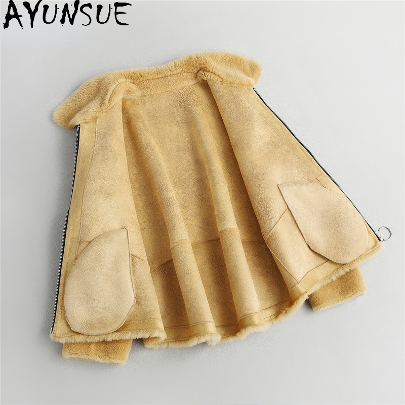 Ayunsue-女性のための本物のウールの短いジャケット,100%,女性のためのカジュアルなシープスキンコート,エレガントな女性のファッション,秋冬,2021