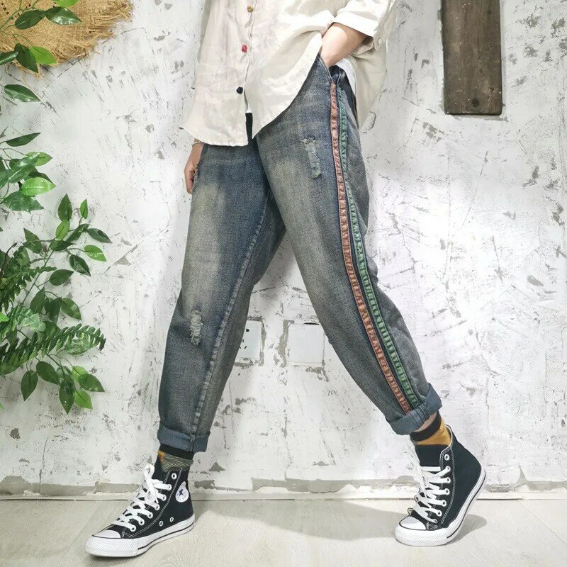 Женские винтажные рваные джинсы, Свободные повседневные рваные брюки большого размера в уличном стиле, черные рваные шаровары, весна 2022