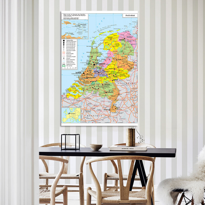 Mapa de transporte de los Países Bajos, póster grande en francés, pintura en lienzo no tejido, suministros escolares para decoración del hogar, 150x225cm