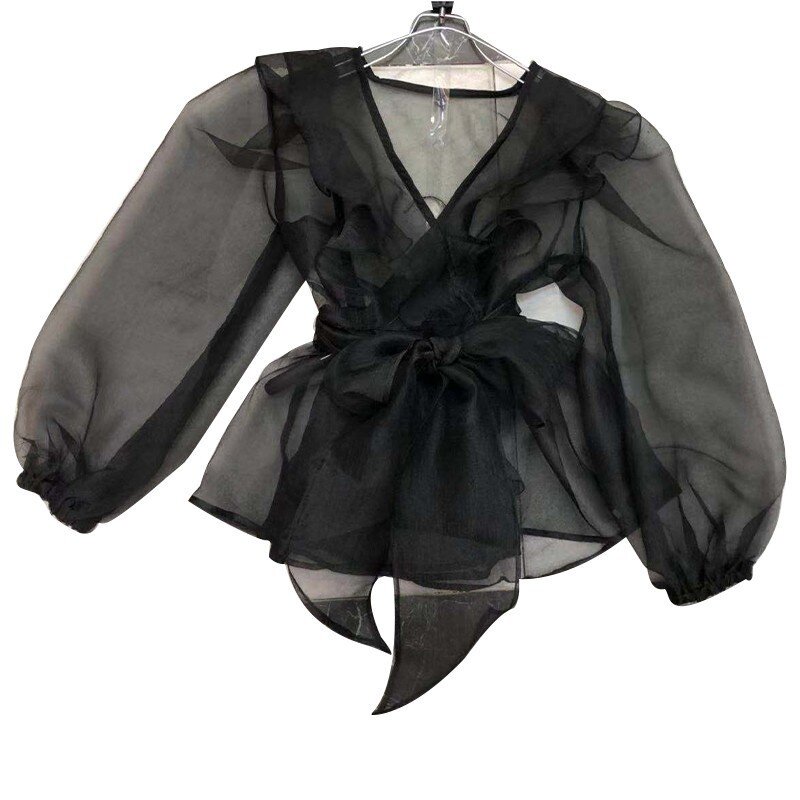 Женская блузка с узлом GALCAUR, повседневная бандажная туника с V-образным вырезом и пышными длинными рукавами, осень 2020