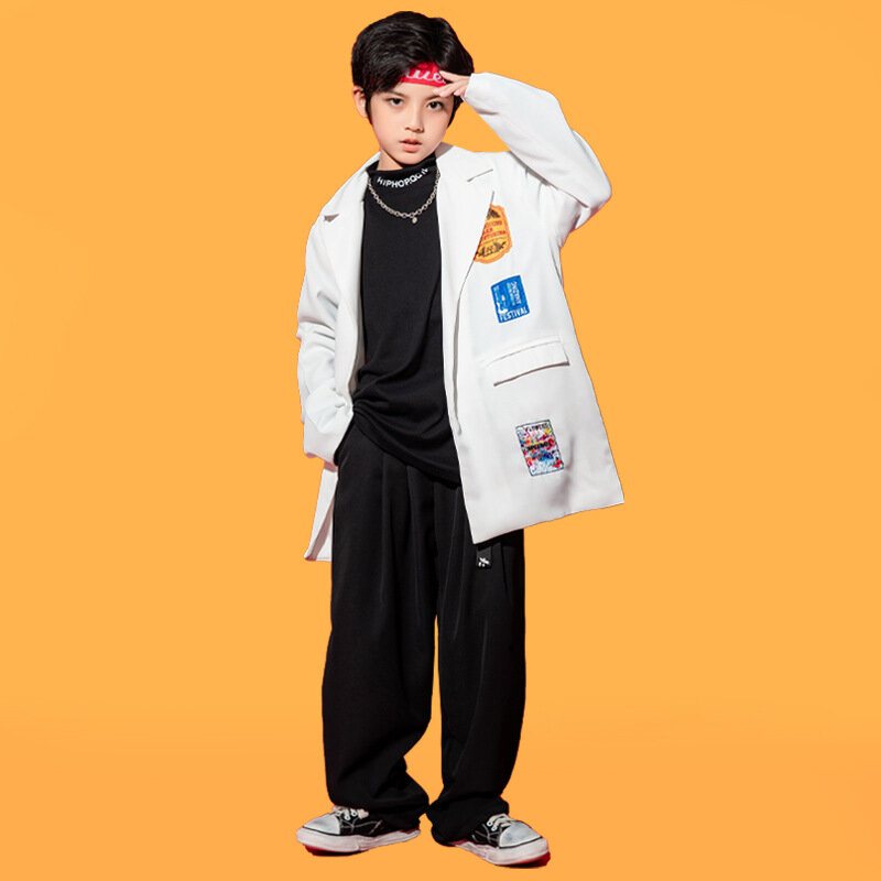 Kid Kpop Hip Hop Clothing White Red Long Blazer Coat Tank Crop Top Streetwear Casual Pants for Girl Boy Dance Costume Clothes