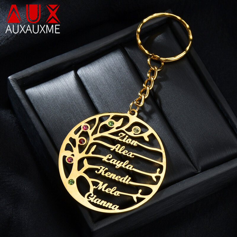 Auxauxme Custom Birthstone Tree of Life Keychains Stainless Steel Family Member Tree Keyring Birthday Gifts for mom Dad