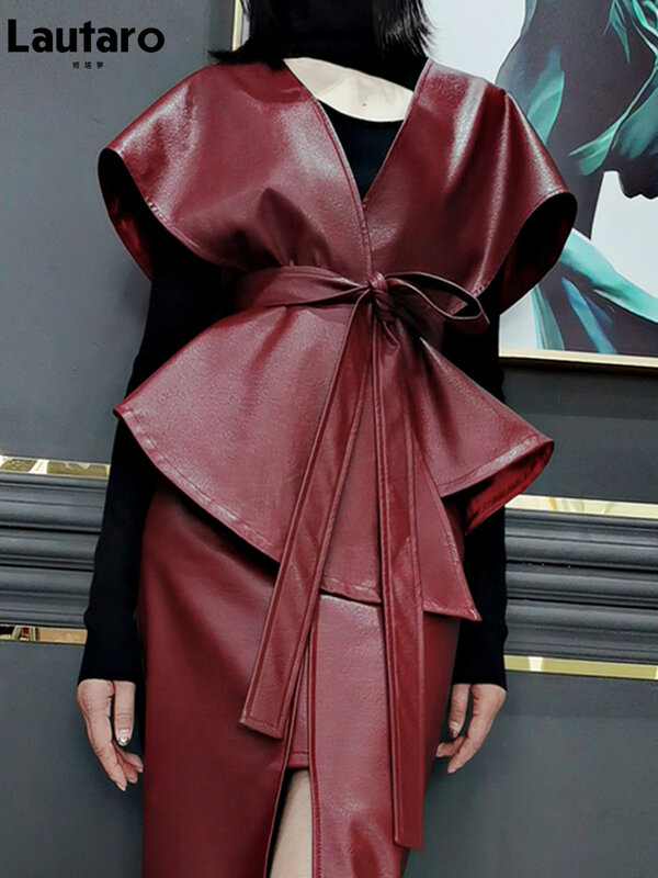 Lautaro wiosna luksusowy projektant Faux skórzana kurtka kobiety 2021 Sashes czerwone wino peleryna szale dla kobiet Gothic płaszcz Runway moda