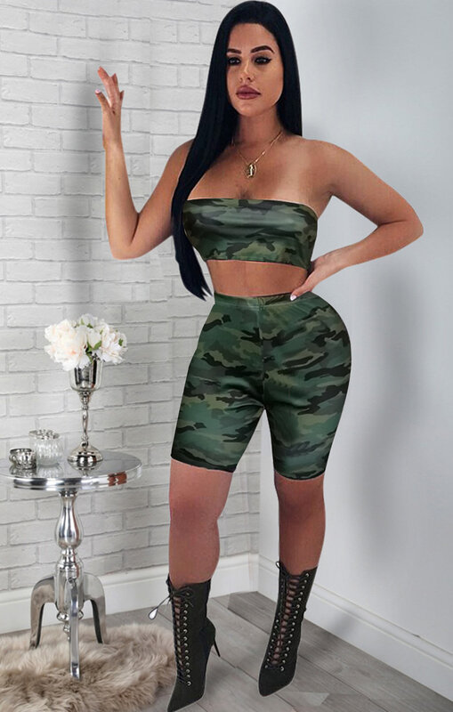 Sexy Camouflage Two Piece Set Women Fitness Clothing Suit Two Piece Off Shoulder Crop Top Bodycon Short Tracksuits Matching Sets