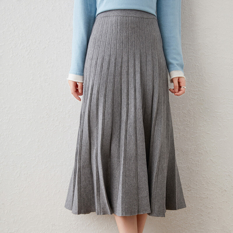 Outono inverno feminino nova saia plissada mid-iength estilo ocidental all-match de alta cintura a-iine lã de malha moda guarda-chuva saia