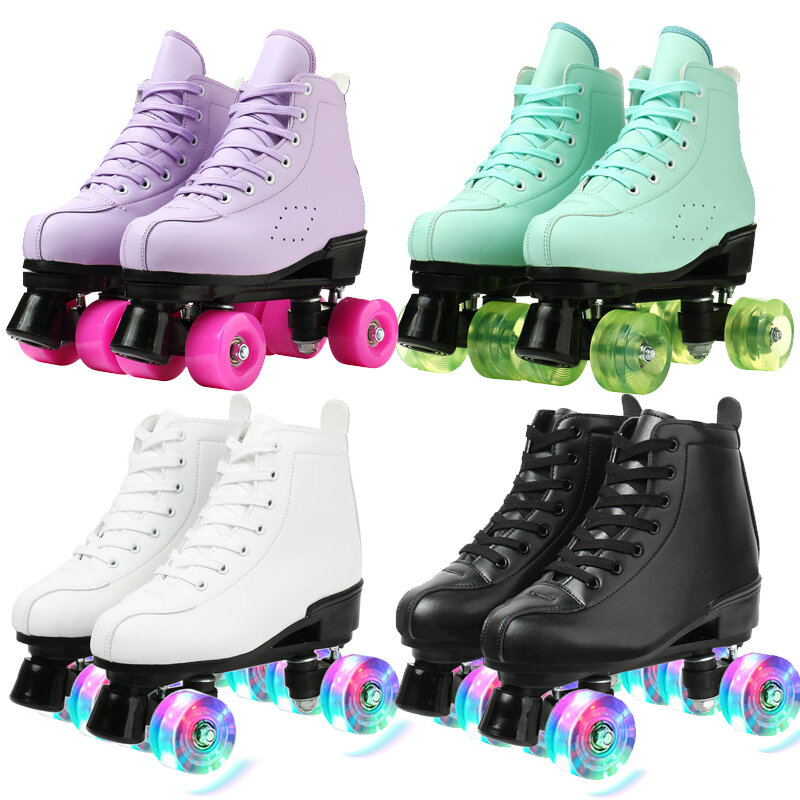 Patines de ruedas de cuero PU para mujer, zapatos de patinaje deslizantes en línea, zapatillas de entrenamiento, talla europea, 4 ruedas, Flash Wheel, color blanco