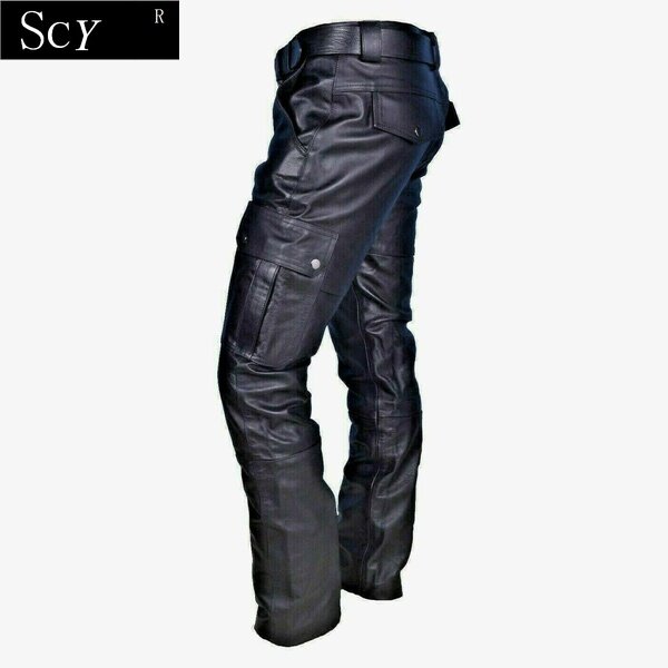 Pantalon de moto en cuir noir pour hommes, avec poches cargo, sans ceinture