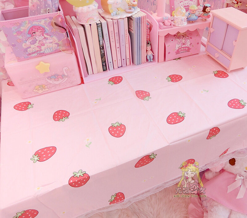 Mantel decorativo con borde de encaje para niñas, cubierta de tela con borde de encaje de fresa rosa, alfombrilla moderna para ordenador portátil y fiesta en casa, 5212