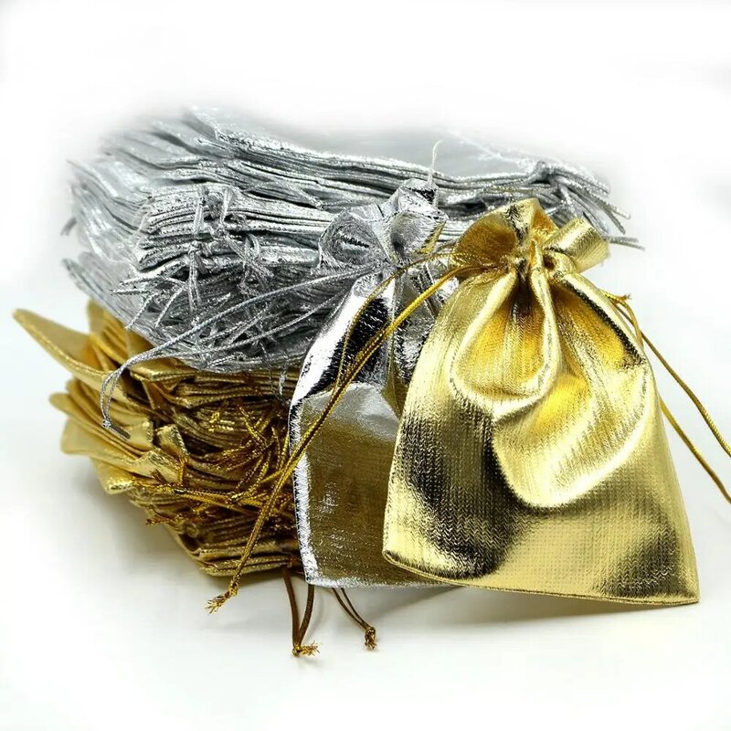 100 unids/lote 7x9cm bolsa de tela dorada plateada bolsa de tela Favor boda fiesta regalo de Navidad bolsas de embalaje