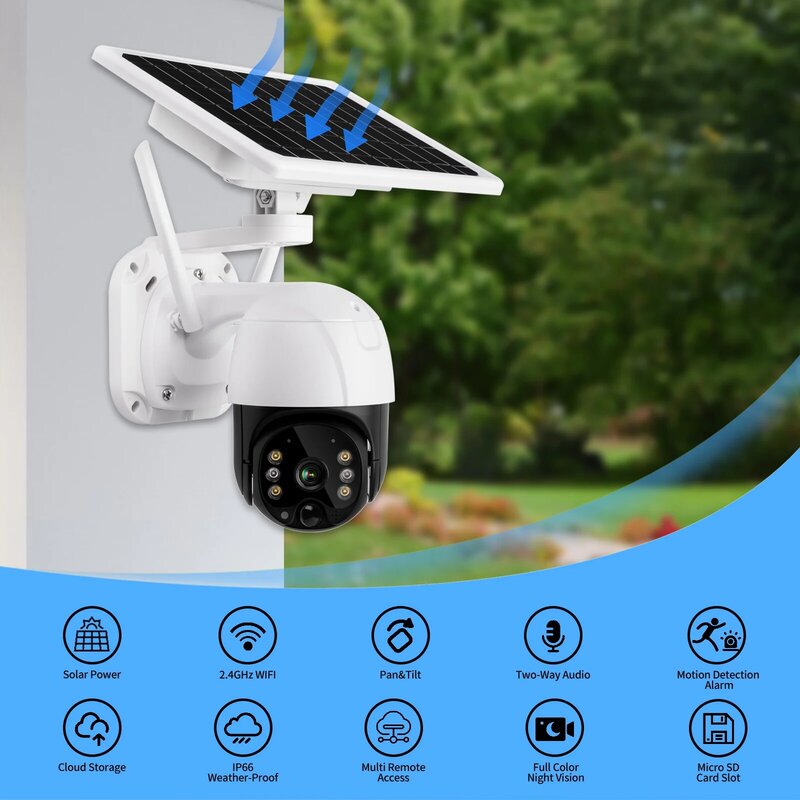 Caméra de surveillance extérieure PTZ IP WiFi hd 4G, dispositif de sécurité domestique avec panneau solaire Rechargeable, batterie 8W, détection de mouvement PIR et alarme Starlight P2P
