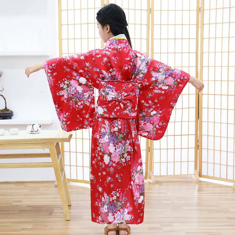Gaun Jubah Mandi Kimono Jepang Merah Anak Perempuan Pakaian Pertunjukan Bunga Cetak Yukata dengan Kostum Cosplay Lembut Obitage